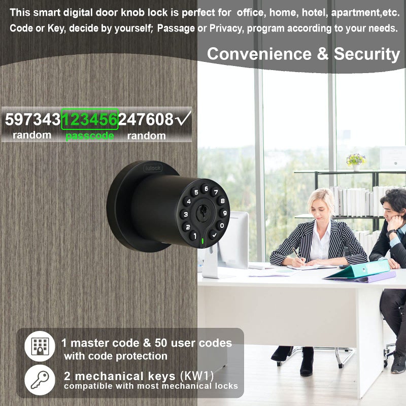 iulock IU-20 رمز قفل الباب مقبض الباب الإلكتروني مع لوحة المفاتيح ومفتاح القفل التلقائي وظيفة المرور المقاومة للماء عمر البطارية الطويل 50 رمزًا سهل الاستخدام والتركيب للمكتب/المستودع/غرفة النوم/المرآب - Image 3